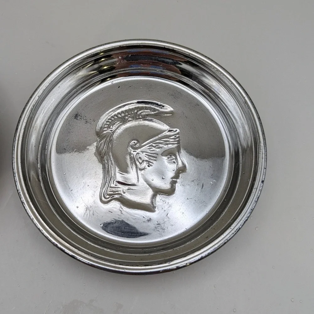 Vintage Chrome Trojan Spartan Warrior Head MCM Mercury Glass Coasters Set of 4